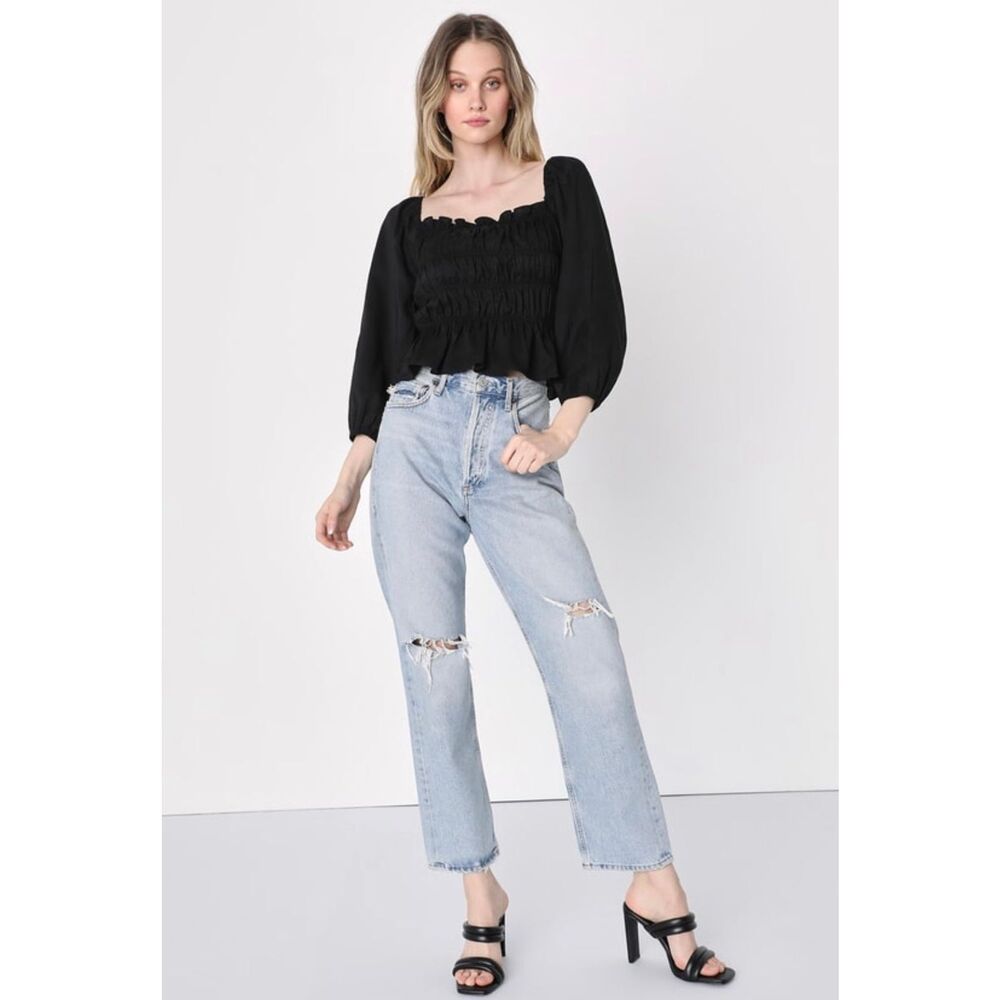 Lulus Flirty Reveal Black Smocked Puff Sleeve Lace-Up Crop Top - Picture 3 of 4